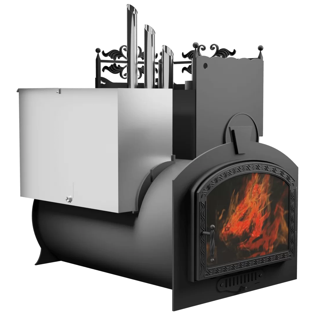 Печь Горыныч 3, каменка закрытая с правой стороны, большая дверь со стеклом фото в Челябинске
