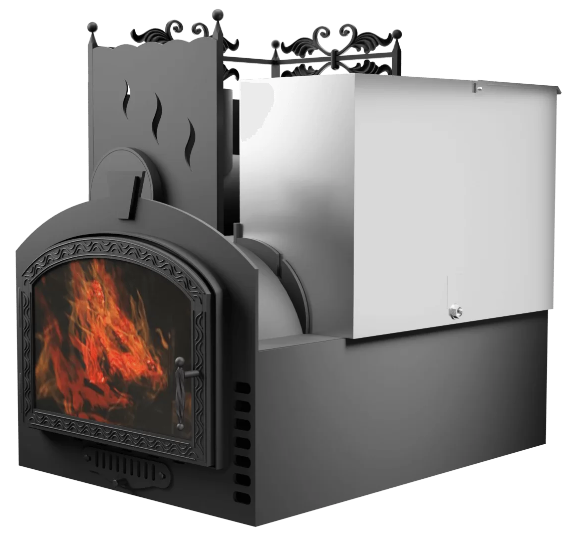 Печь Горыныч 3, каменка с левой стороны, большая дверь со стеклом, система воздушного отопления фото в Челябинске