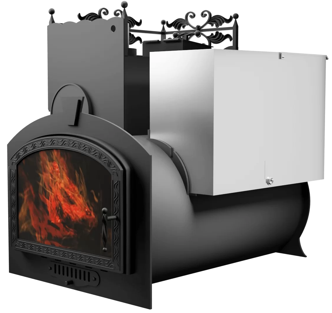 Печь Горыныч 3, каменка закрытая с левой стороны, большая дверь со стеклом фото в Челябинске