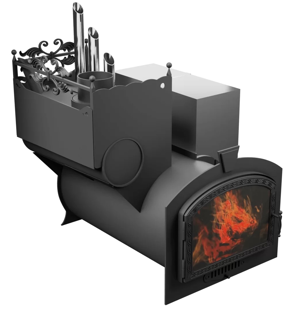 Печь Горыныч 3, каменка закрытая с парогенератором с левой стороны, большая дверь со стеклом фото в Челябинске