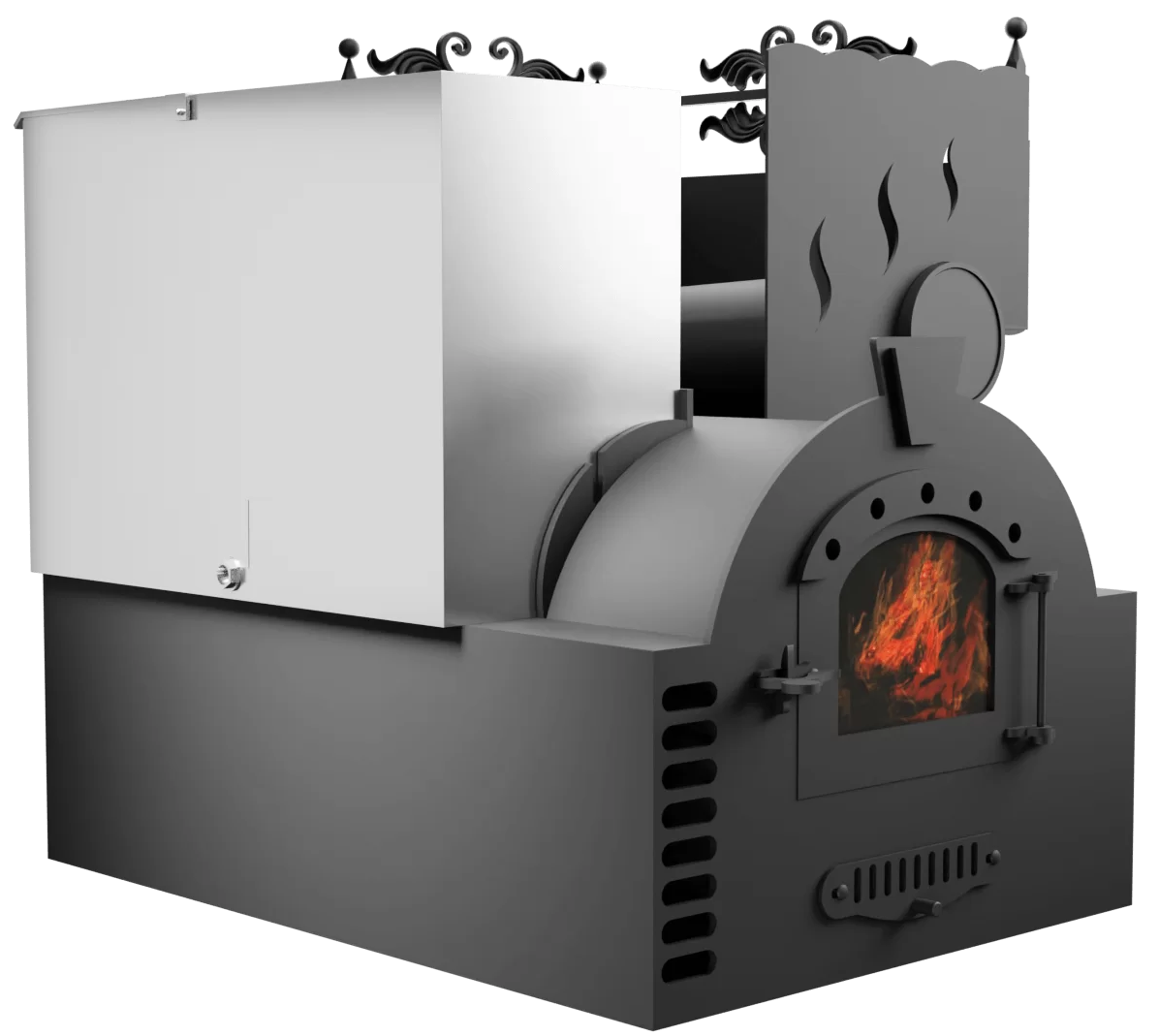 Печь Горыныч 3, каменка с правой стороны, малая дверь со стеклом, система воздушного отопления фото в Челябинске