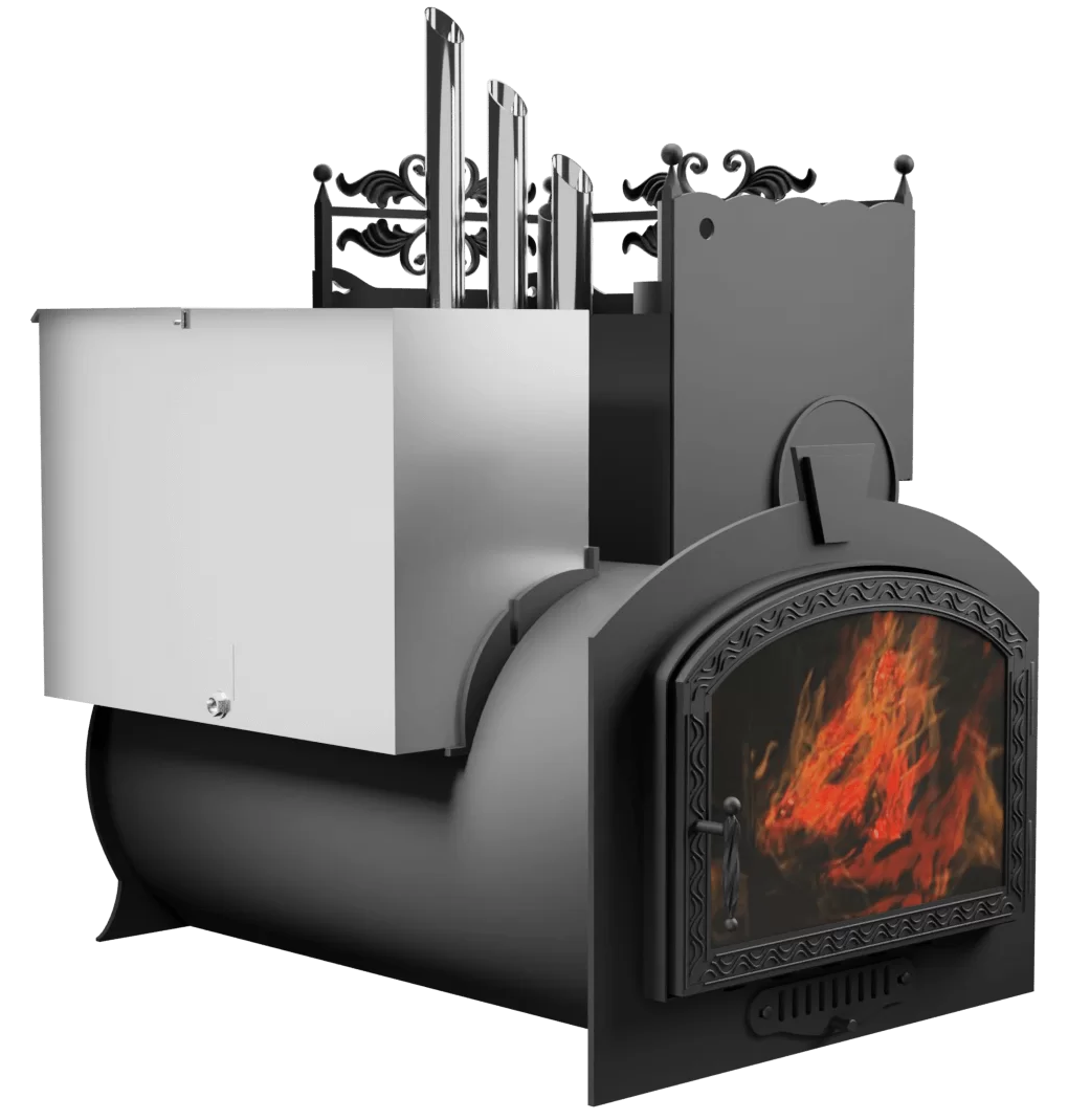 Печь Горыныч 3, каменка закрытая с парогенератором с правой стороны, большая дверь со стеклом фото в Челябинске