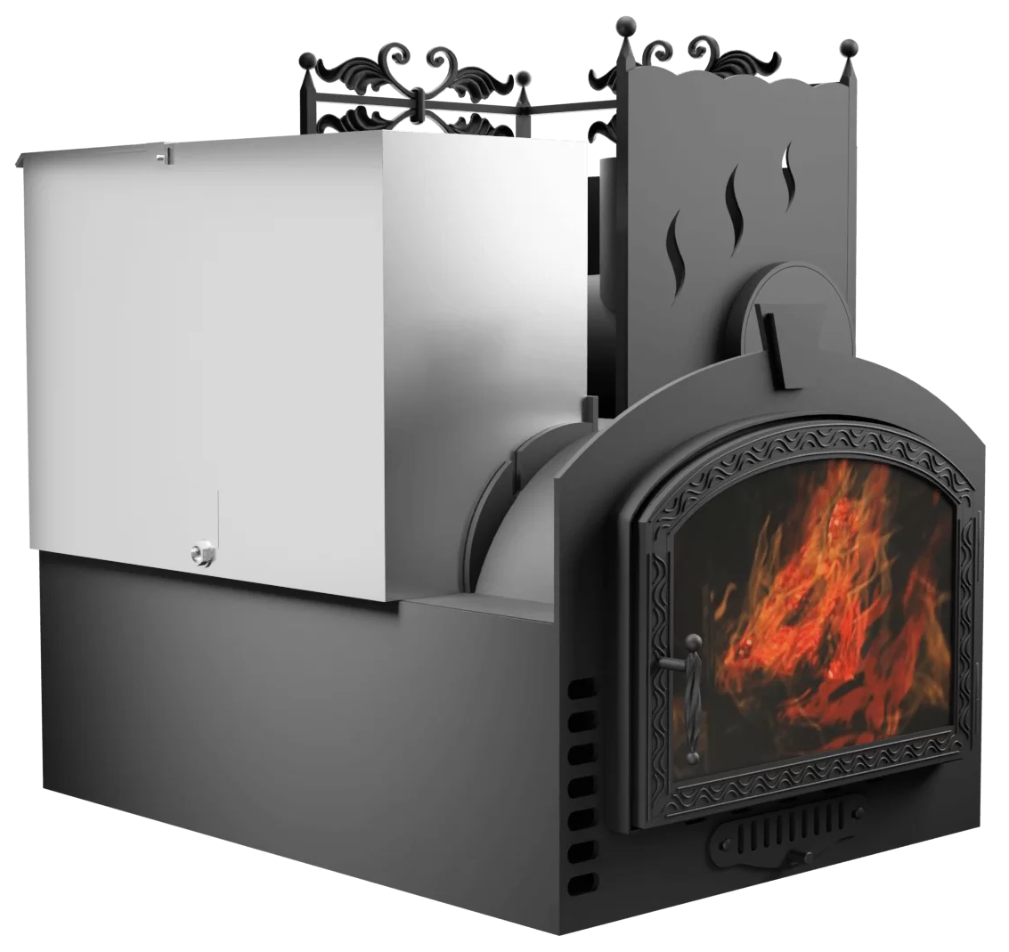 Печь Горыныч 3, каменка с правой стороны, большая дверь со стеклом, система воздушного отопления фото в Челябинске