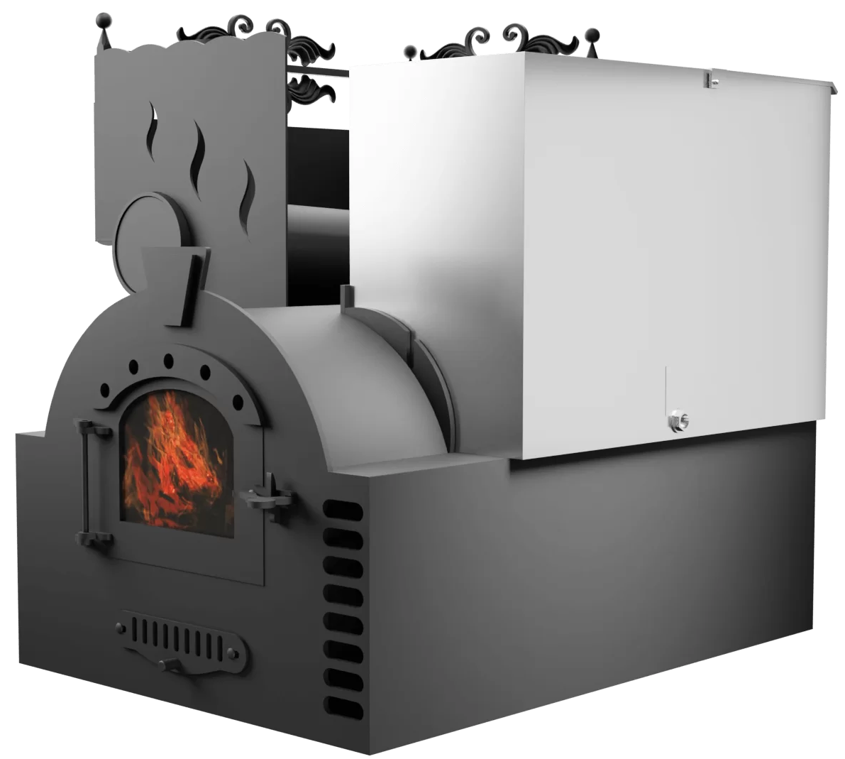 Печь Горыныч 3, каменка с левой стороны, малая дверь со стеклом, система воздушного отопления фото в Челябинске