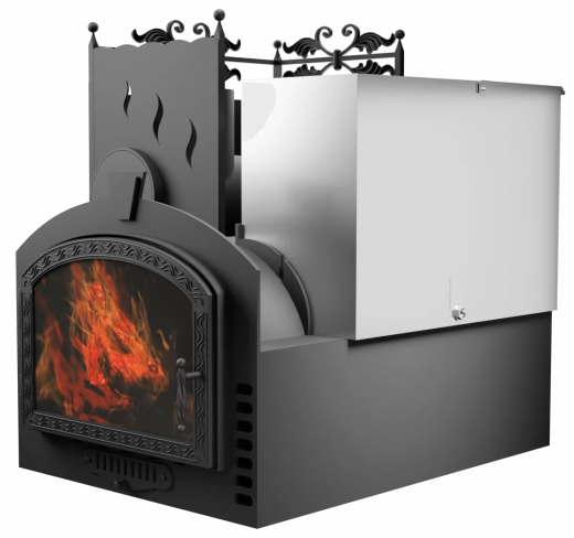 Печь Горыныч 3, каменка с левой стороны, большая дверь со стеклом, система воздушного отопления фото в Челябинске