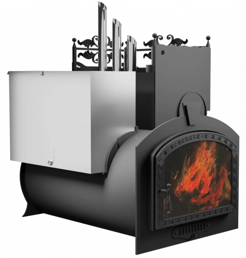 Печь Горыныч 3, каменка закрытая с парогенератором с правой стороны, большая дверь со стеклом фото в Челябинске