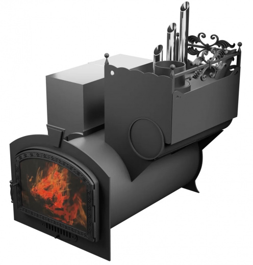 Печь Горыныч 3, каменка закрытая с парогенератором с правой стороны, большая дверь со стеклом фото в Челябинске