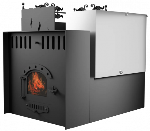 Печь Горыныч 3, каменка с левой стороны, малая дверь со стеклом, система воздушного отопления с порталом фото в Челябинске